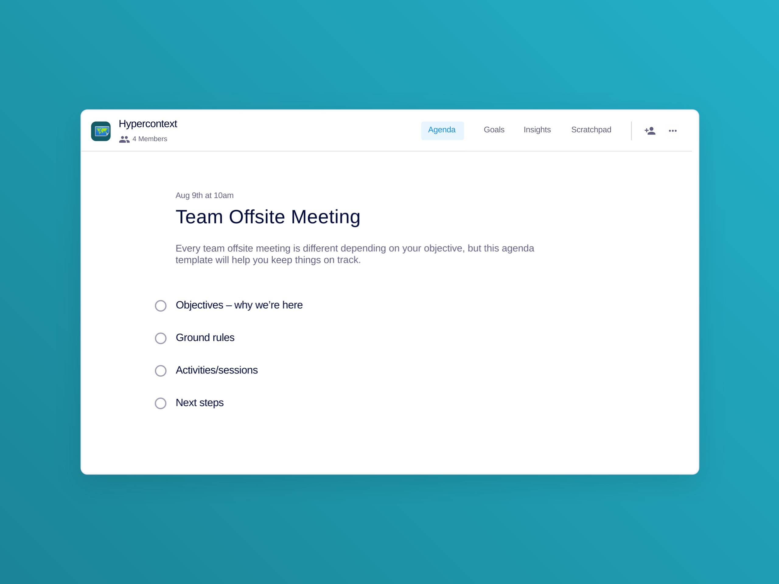 Team offsite meeting template (4 topics and ideas)