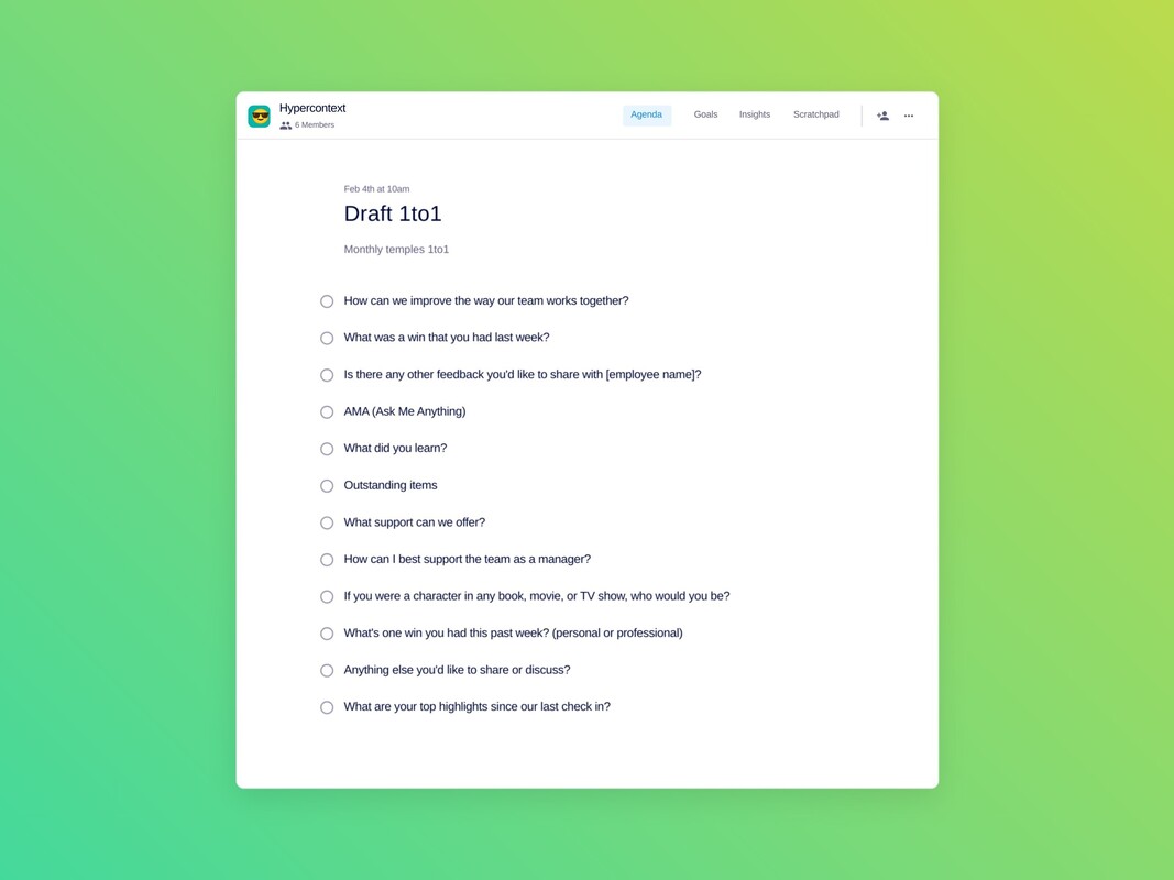 Draft 1to1 template (12 topics and ideas) | Spinach