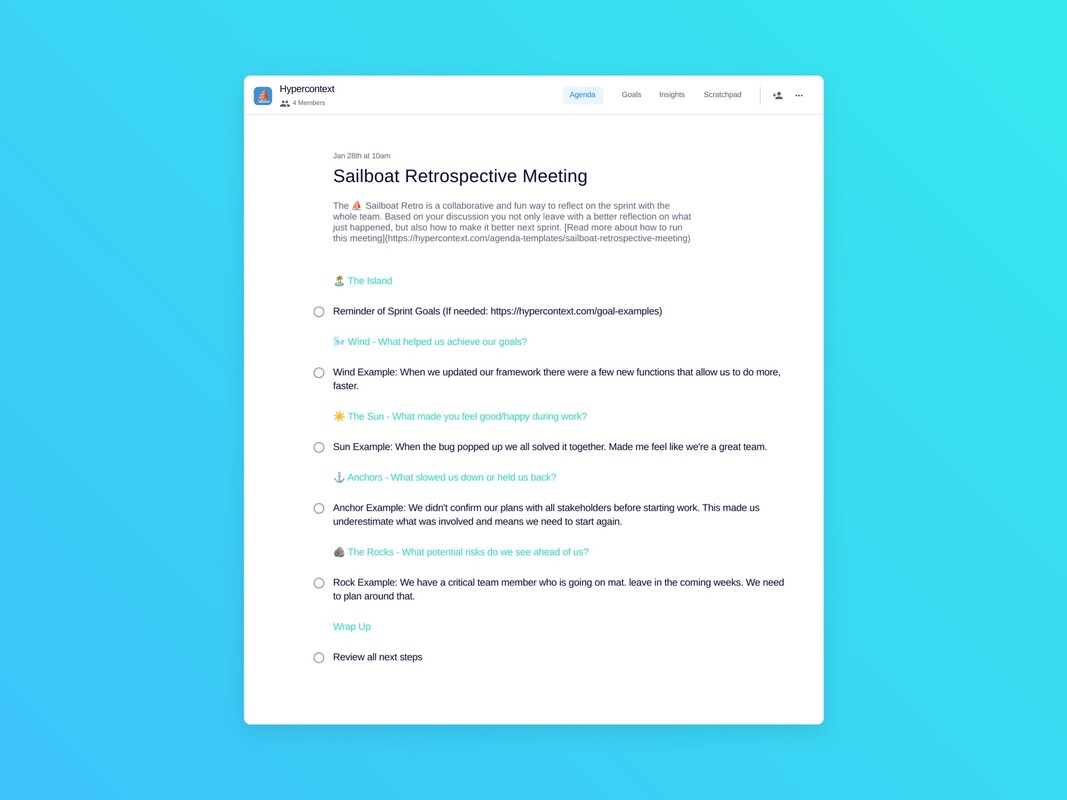 Sailboat retrospective meeting template (6 topics and ideas) 