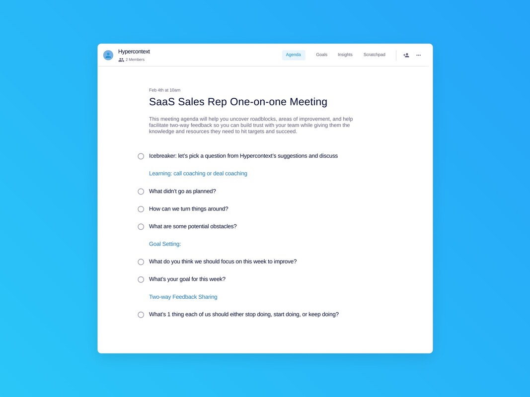 Saas sales rep one-on-one meeting template (7 topics and ideas) | Spinach