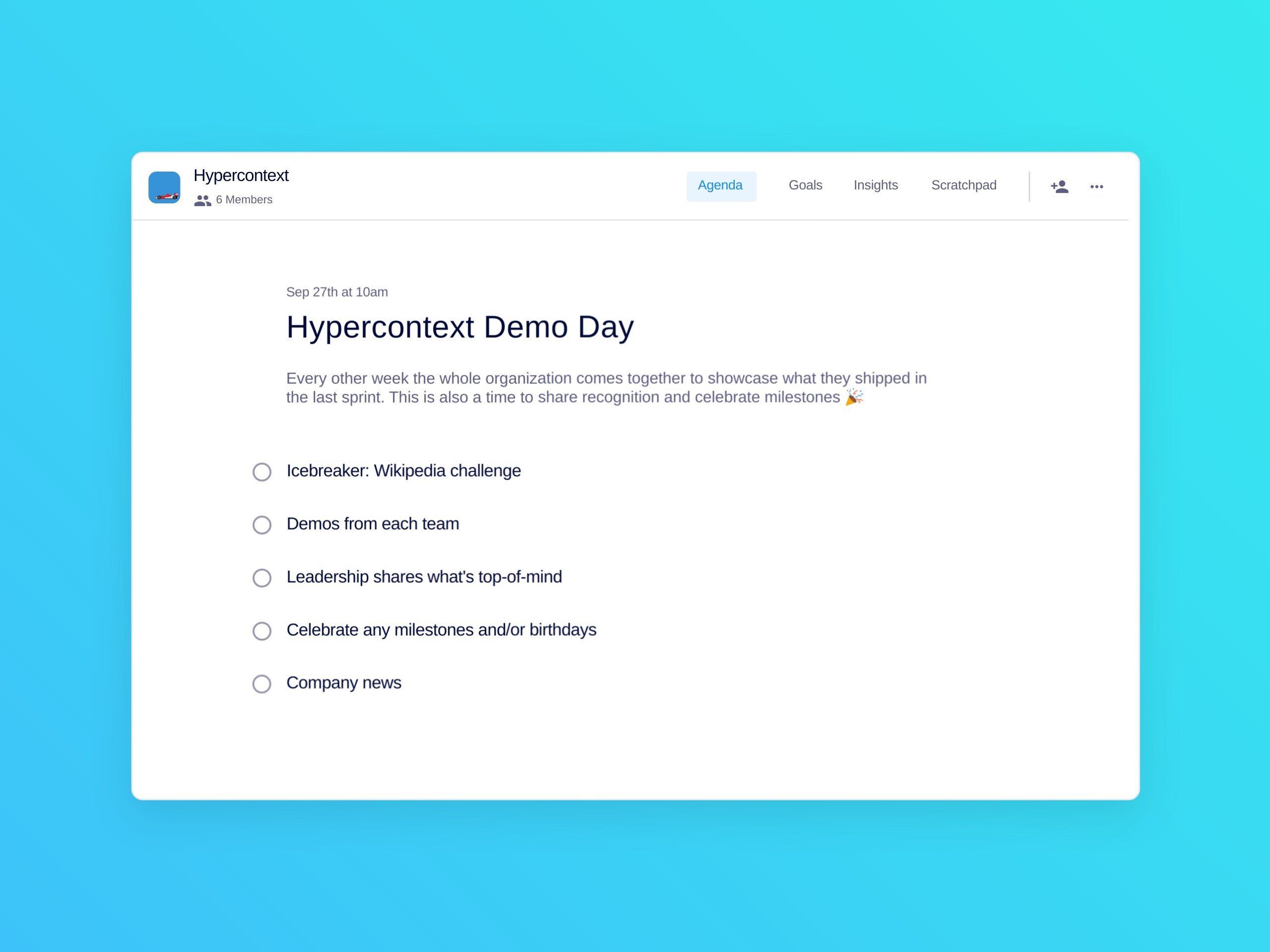 Hypercontext demo day template (5 topics and ideas)