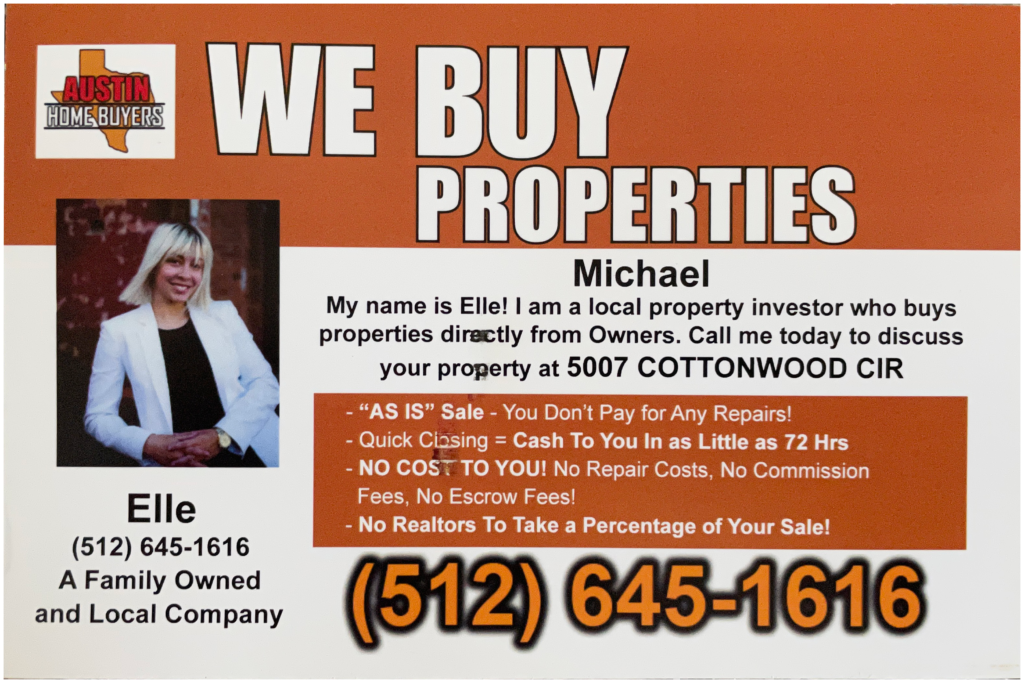 "We buy property" direct mailer card - Swipe File