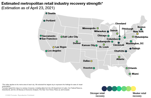Forrester's US Retail Recovery Heat Map, April 2021 - One Year Later