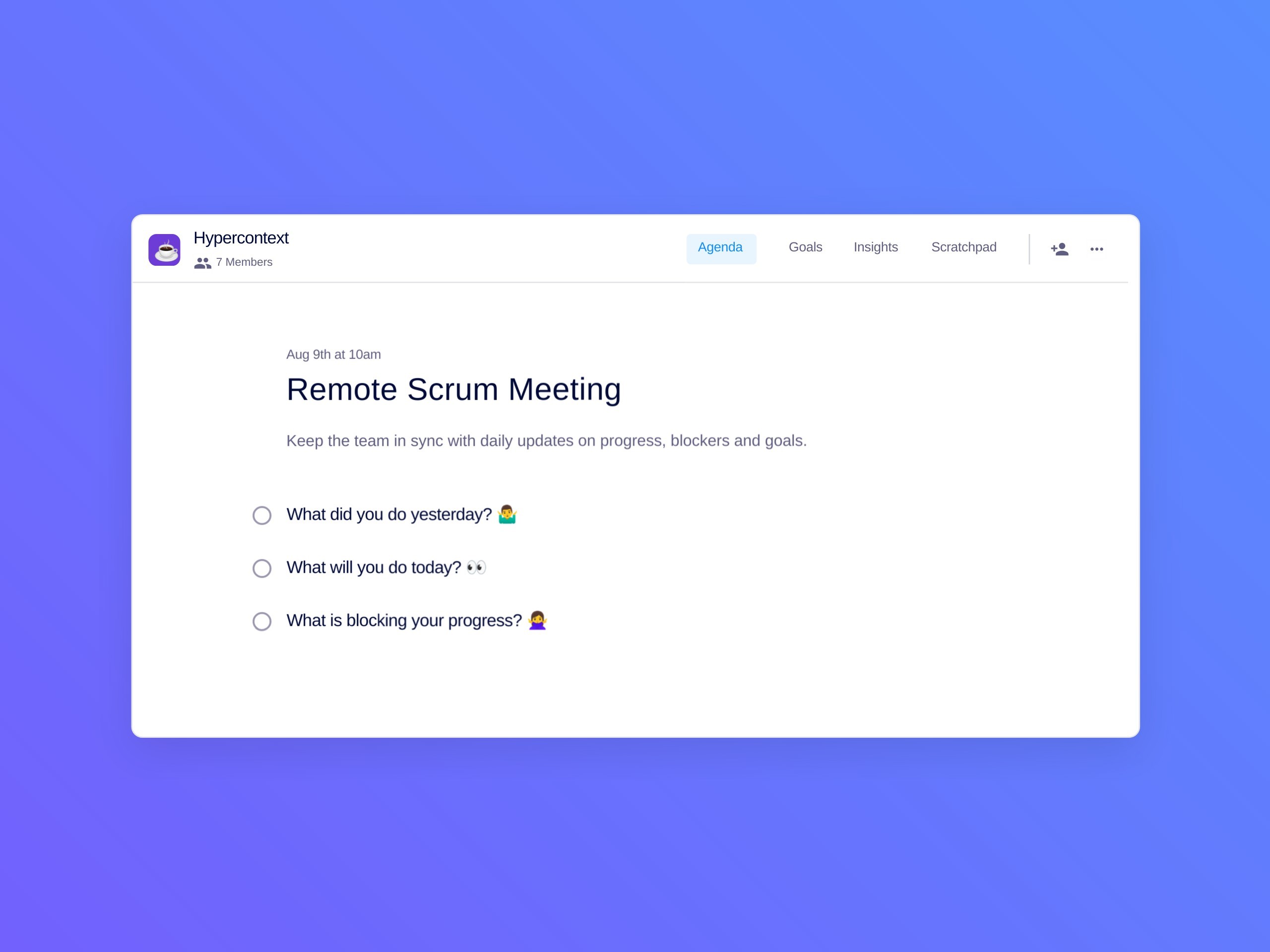 Remote scrum meeting template (3 topics and ideas)