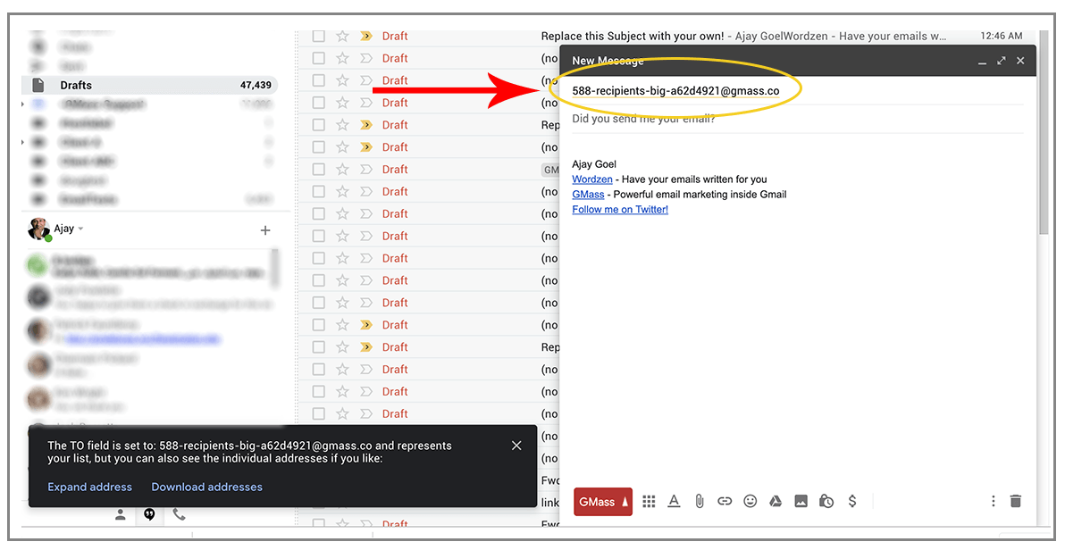 New option to view and download email lists directly inside the Gmail Compose window
