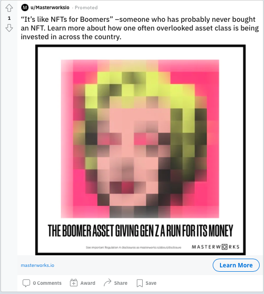 Reddit ad for art investment app calls out the market they are after - Swipe File