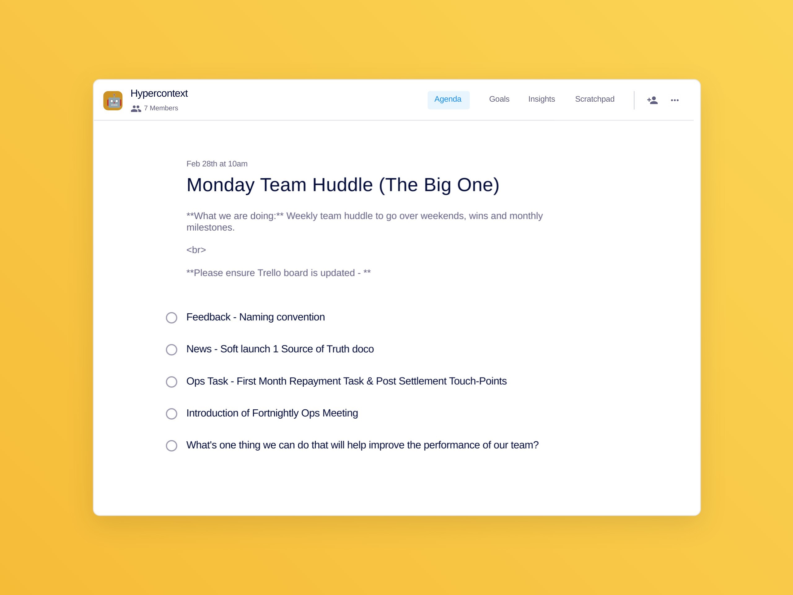 Monday team huddle (the big one) template (5 topics and ideas)