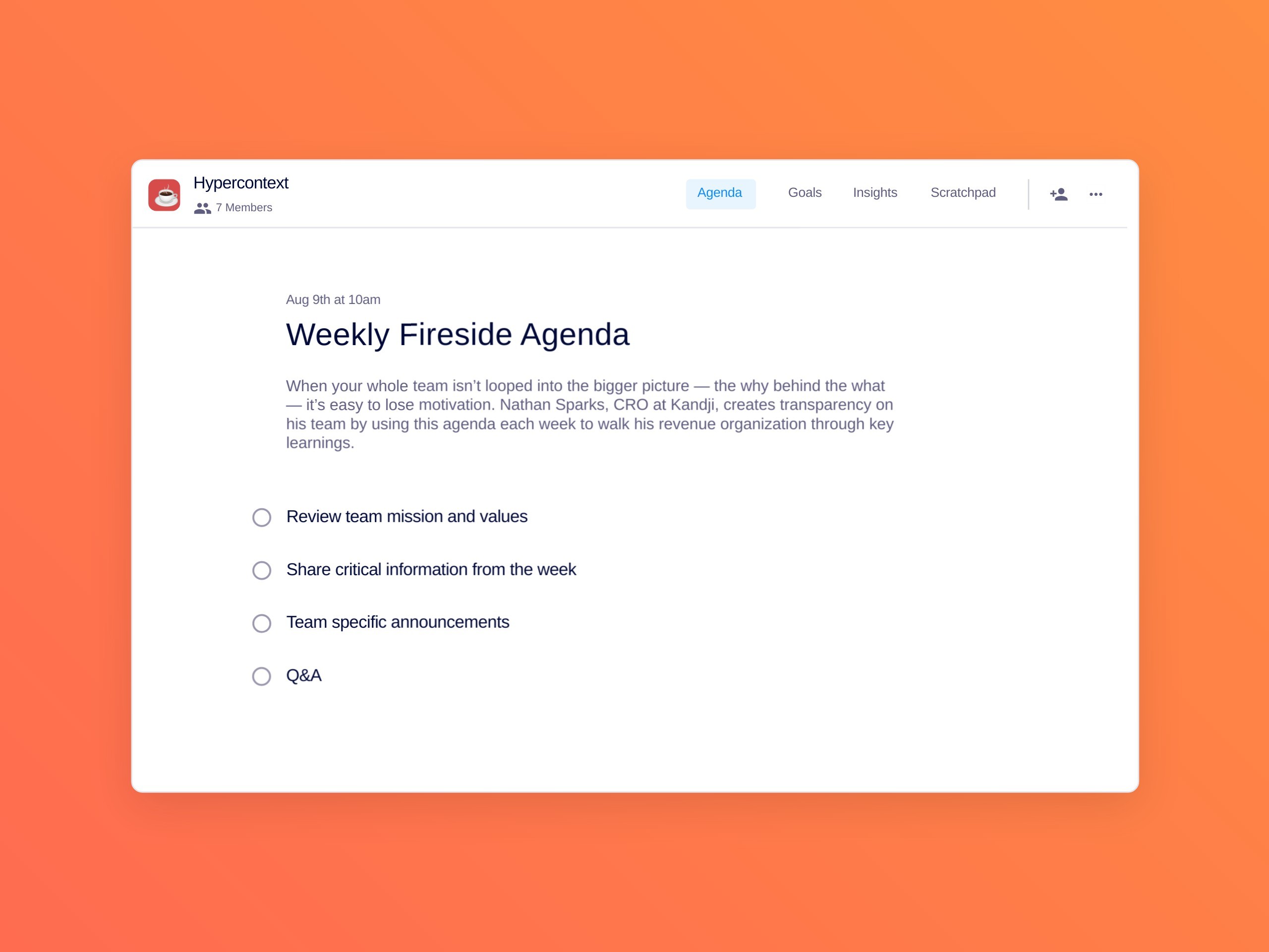 Weekly fireside agenda template