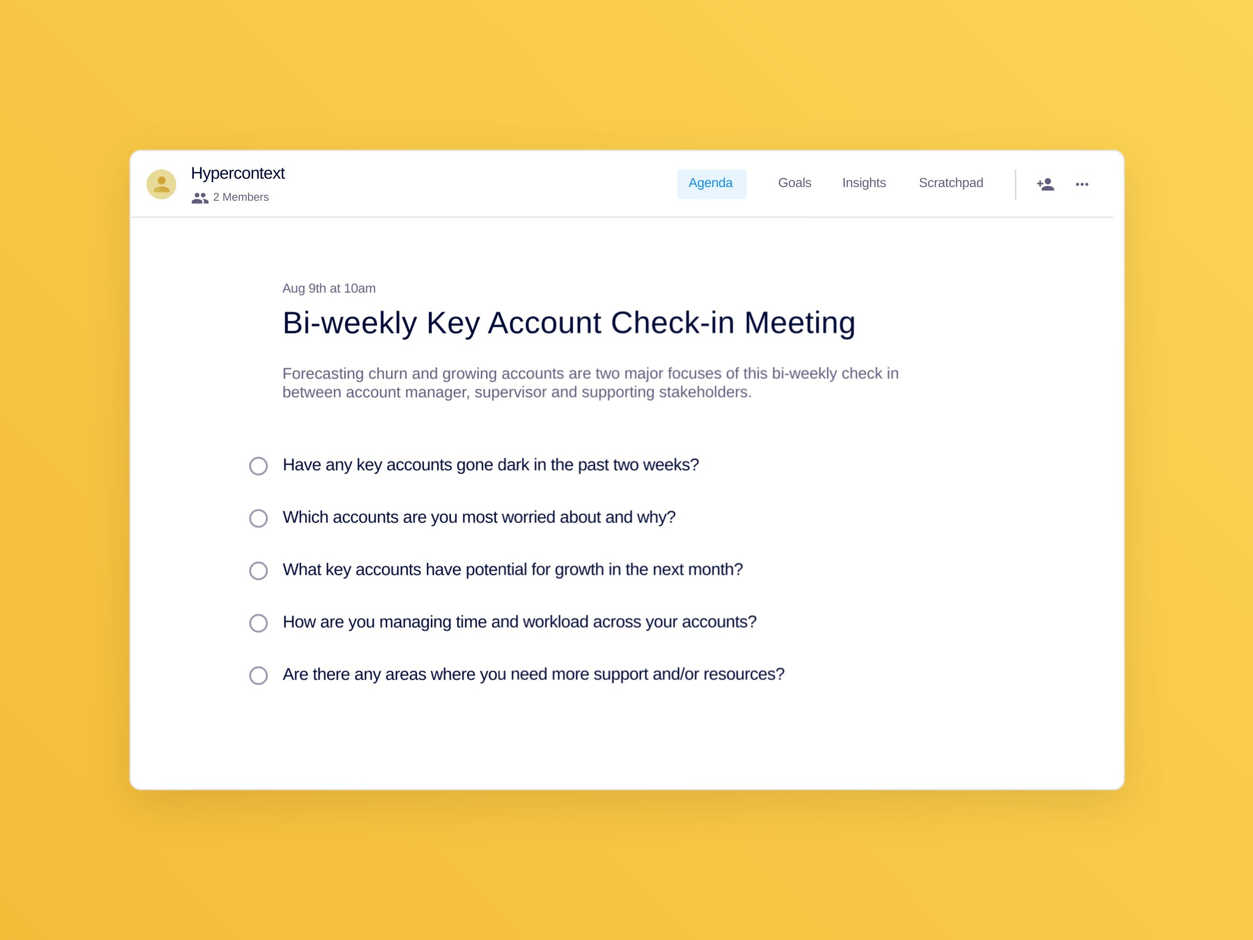 Bi-weekly key account check-in meeting template (5 topics and ideas)
