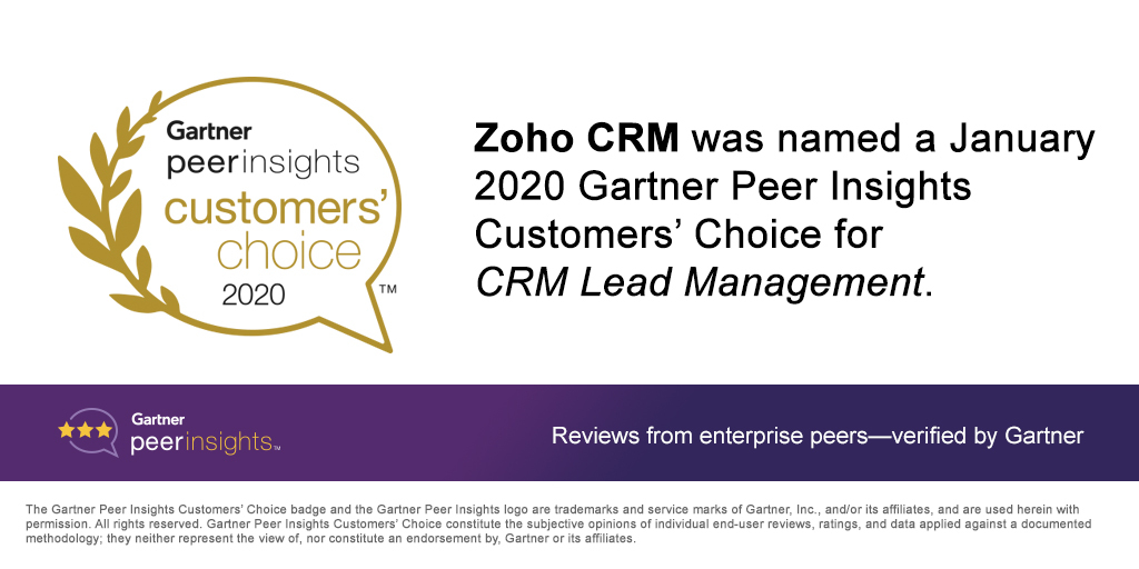 Zoho CRM Named a January 2020 Gartner Peer Insights Customers' Choice for CRM Lead Management
