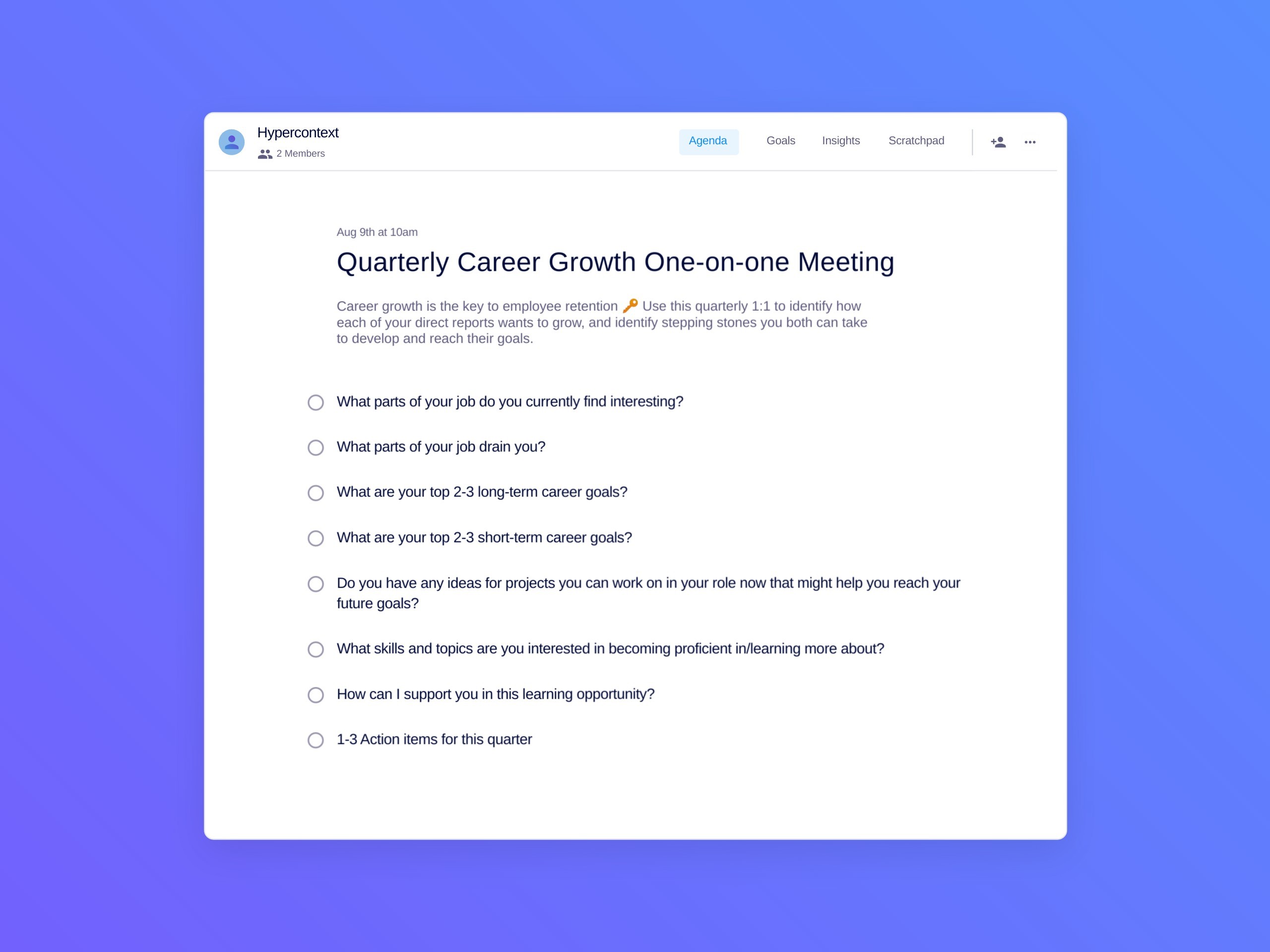 Quarterly career growth one-on-one meeting template (8 topics and ideas)