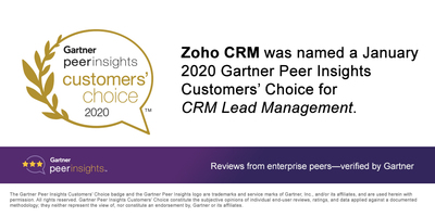 Zoho CRM Named a January 2020 Gartner Peer Insights Customers' Choice for CRM Lead Management