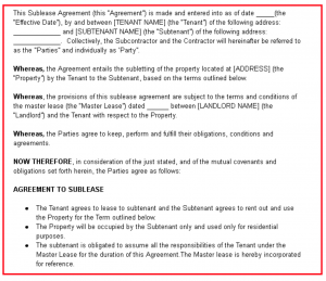 Free Sublease Agreement Template