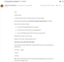 Hypefury low engagement support email - Swipe File