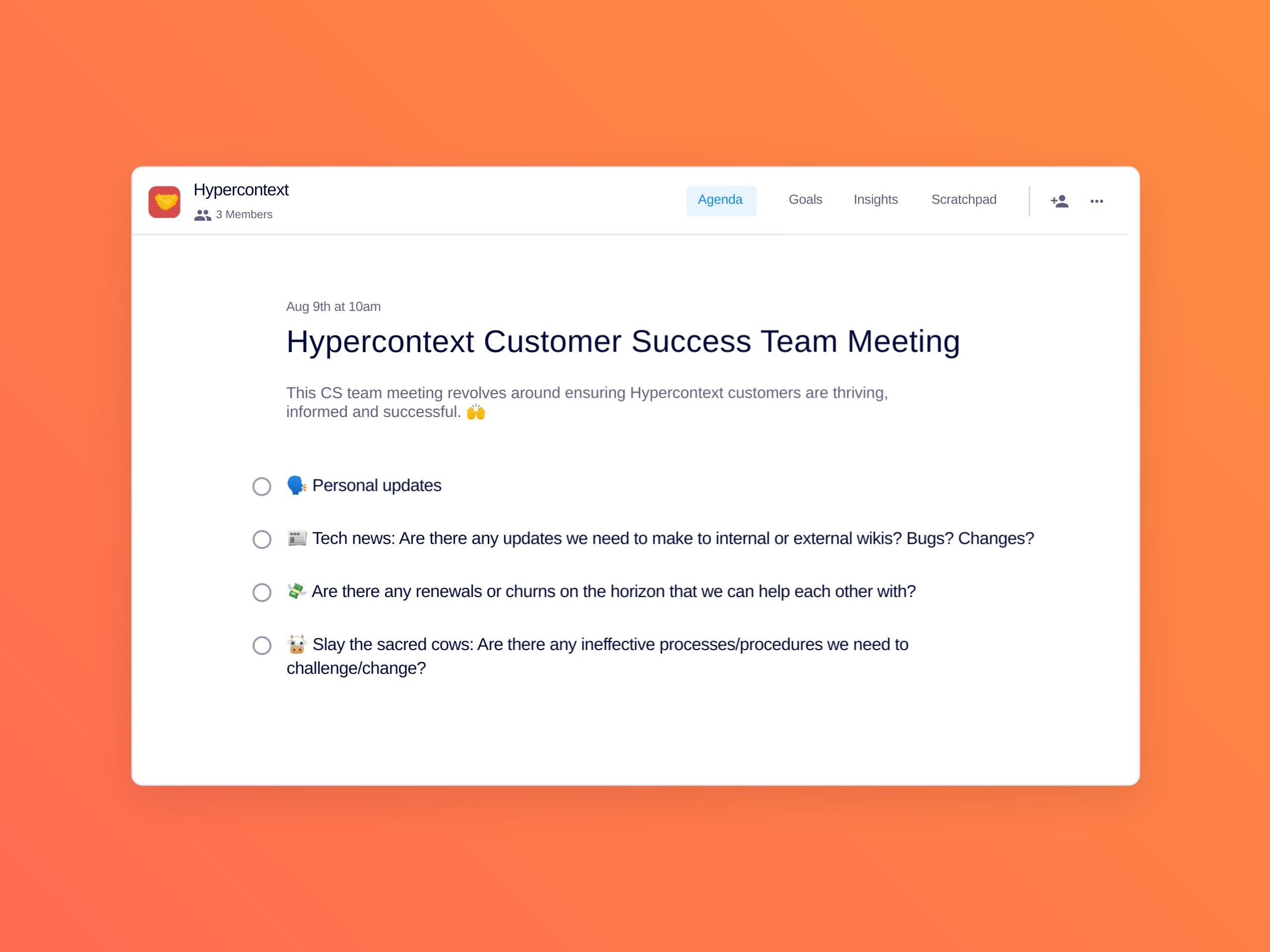Hypercontext customer success team meeting template (4 topics and ideas)
