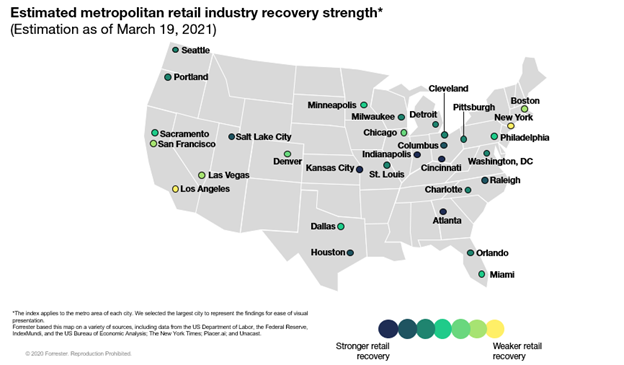 Forrester's US Retail Recovery Heat Map, March 2021 - Vaccine Rollout