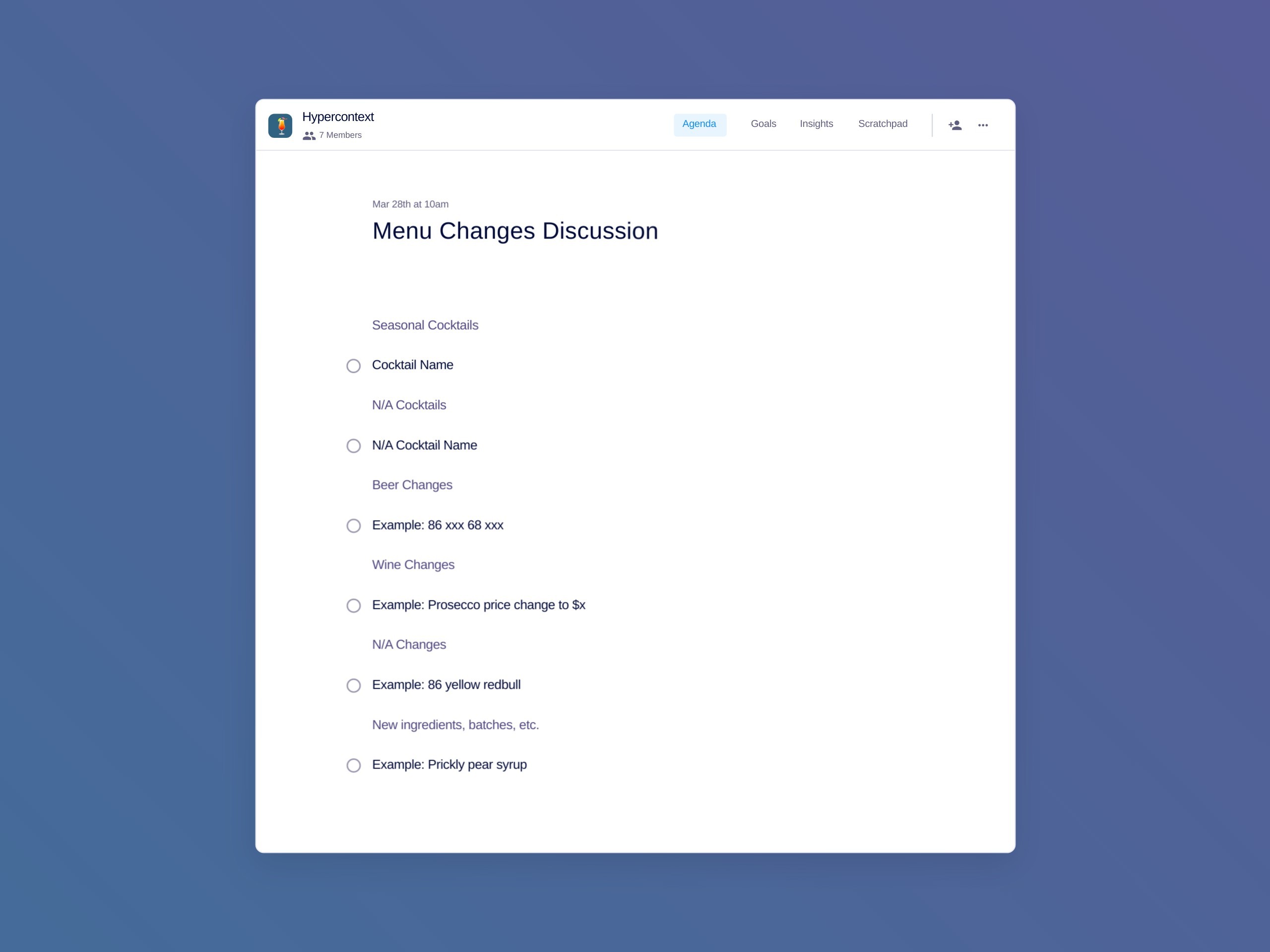 Menu changes discussion template (6 topics and ideas)