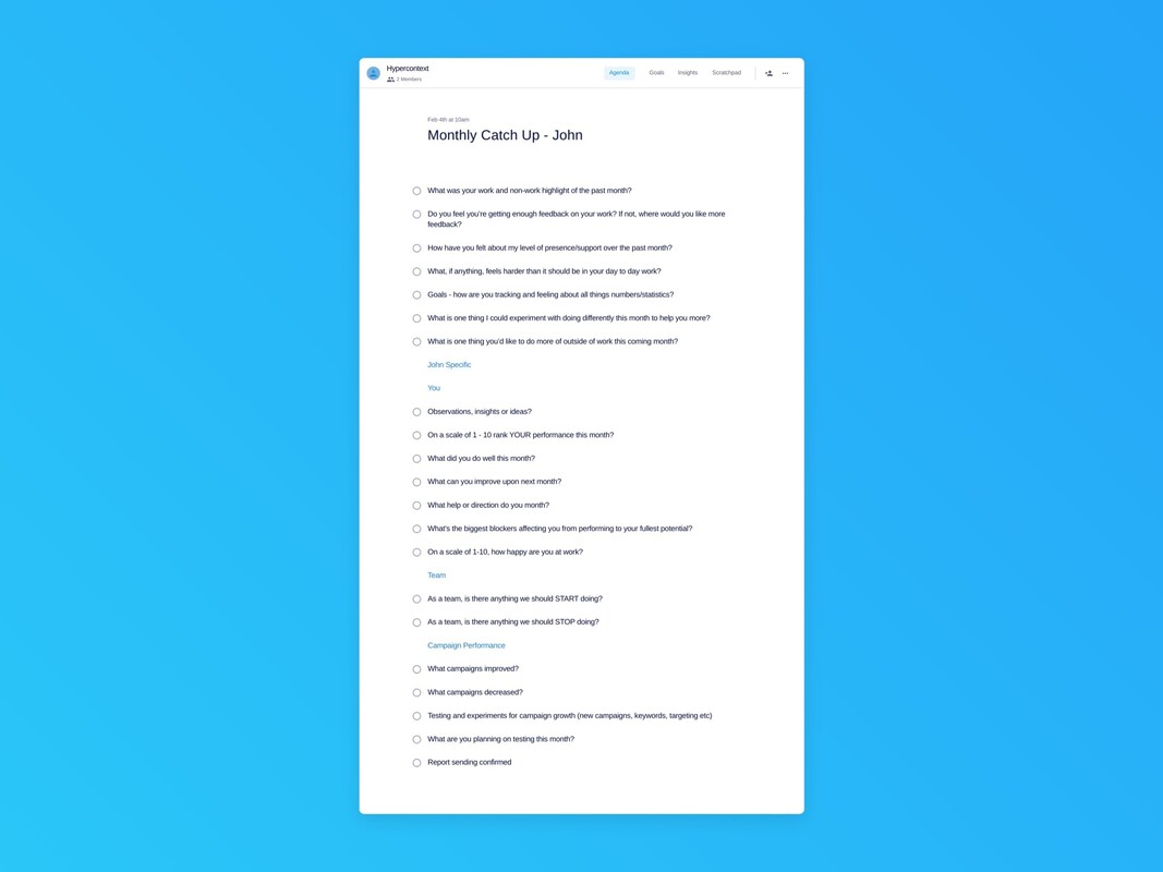 Monthly catch up - john template (21 topics and ideas) | Spinach